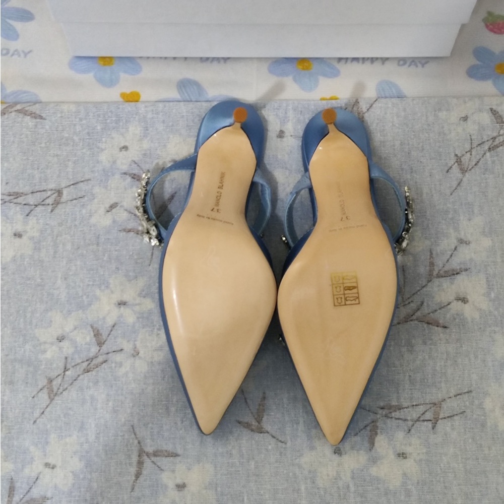 Manolo Blahnik Sky Blue Satin Crystal-Embellished Mule - Picture 5 of 14